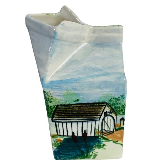 Farmhouse Amish Ceramic Milk Carton Vase VTG 1977 Horse Buggy Artist Signed - Picture 5 of 14